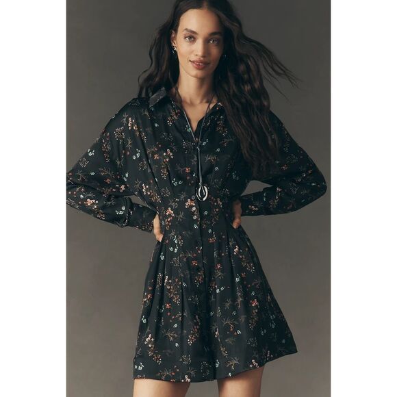 New Anthropologie The Tobie Long-Sleeve Satin Mini Shirt Dress by Exquise Size X